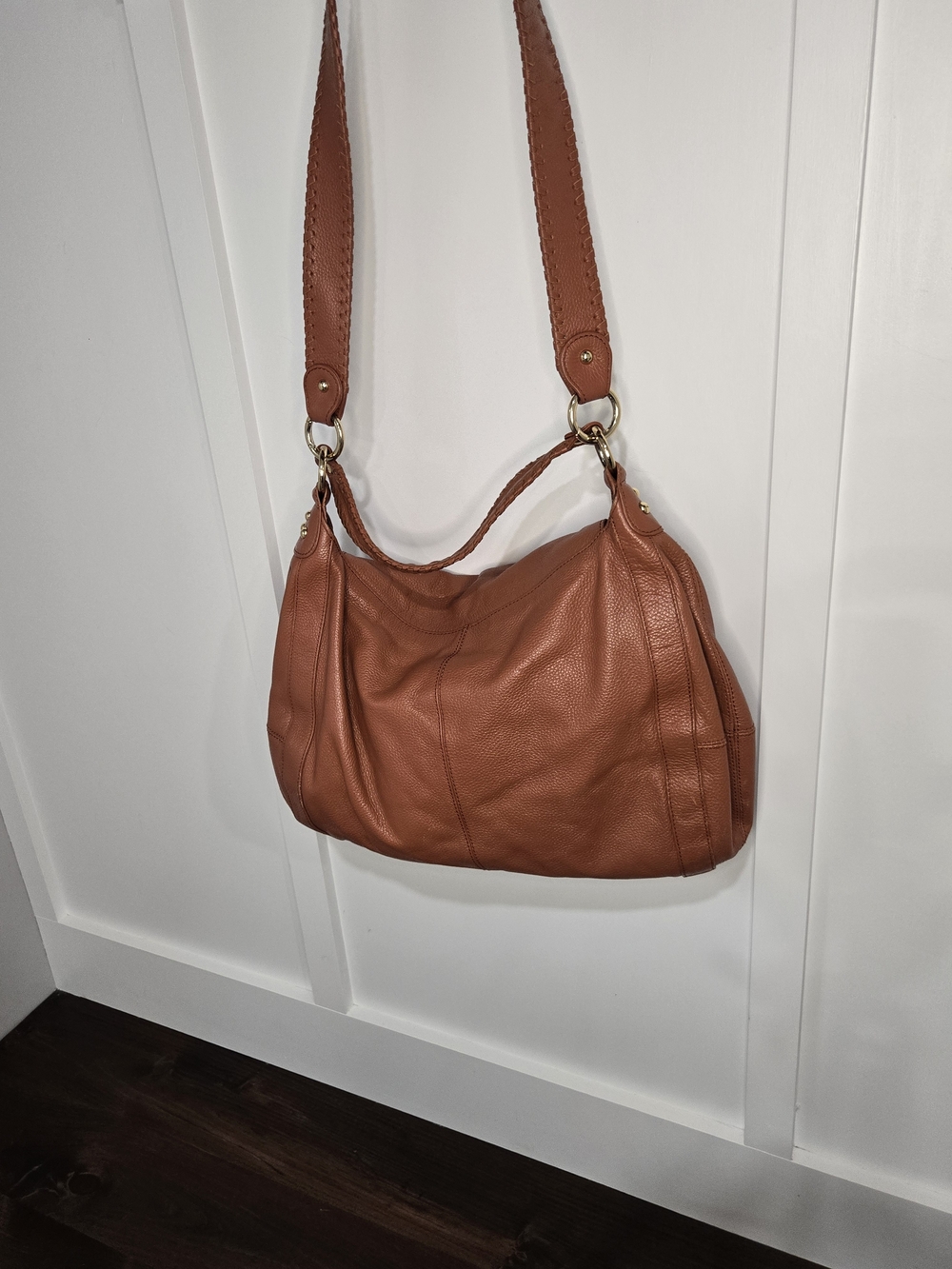 Genuine Leather Tassel Shoulder Hobo Bag in Cognac Tan - Picture 4 of 9